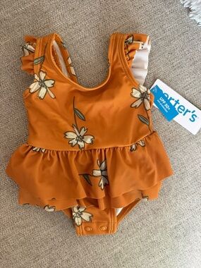 Carter's Mustard Orange Floral Ruffle One-Piece Swimsuit
